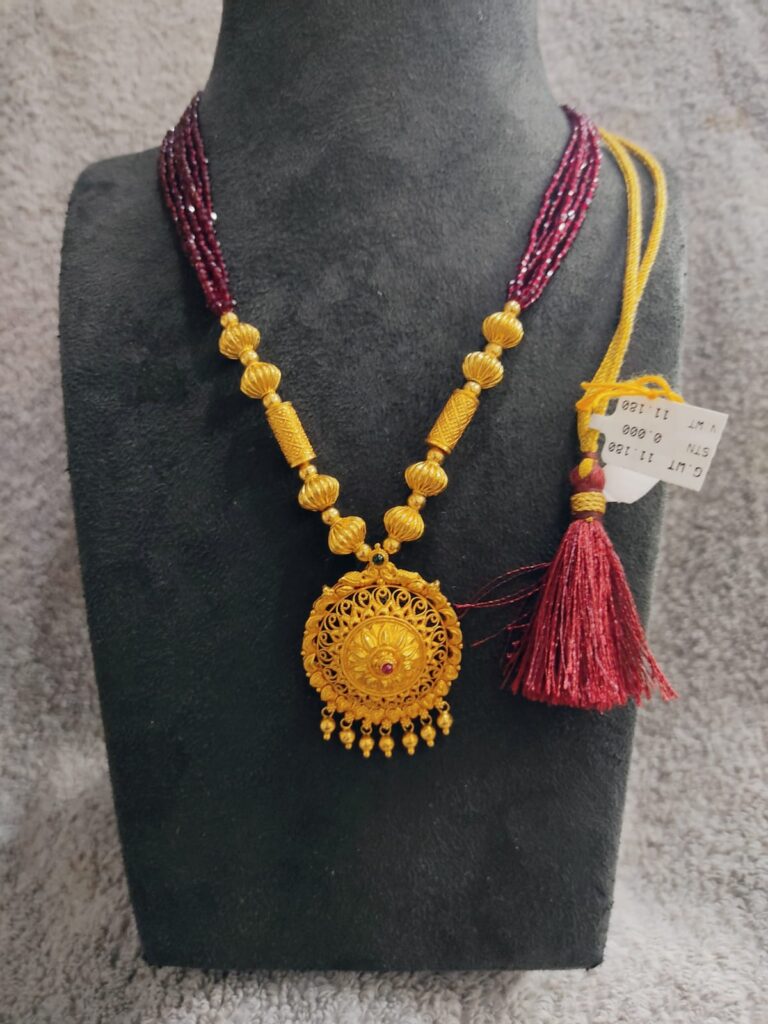 gold matar mala design with red beads