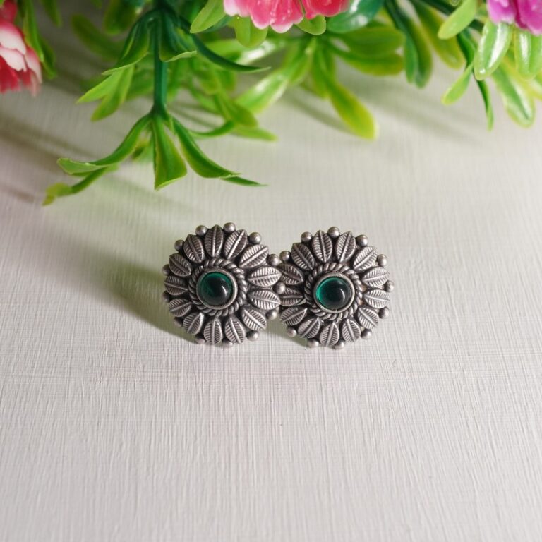 silver flower earrings with green stone