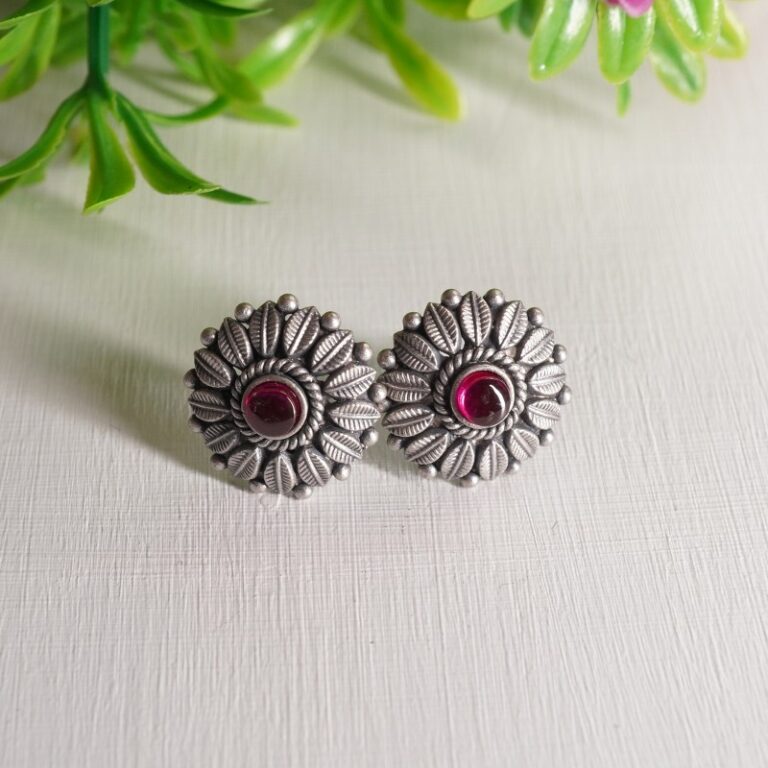 silver flower earrings with red kemp stone