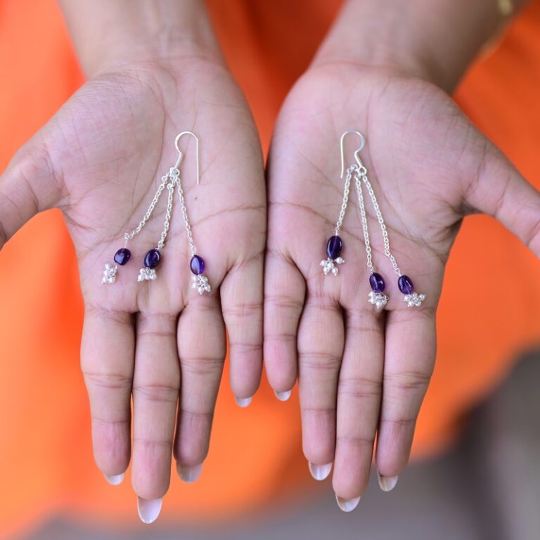 silver latkan earrings with amethyst beads